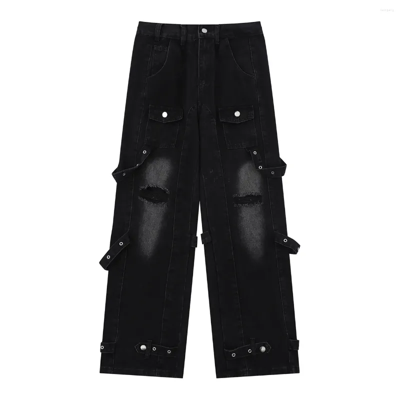 Men's Jeans LACIBLE Ripped Punched Ribbon Pure Black 2024 Washed Long Spring Autumn Hip Hop Casual Men Women Trousers