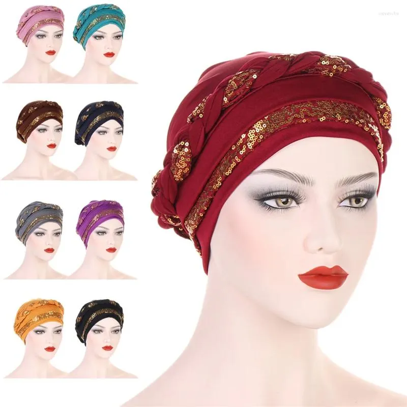 Ethnic Clothing 2024 Women's Hair Care Islamic Jersey Head Scarf Muslim Hijab Sequins Braid Wrap Stretch Turban Hat Chemo Cap Caps