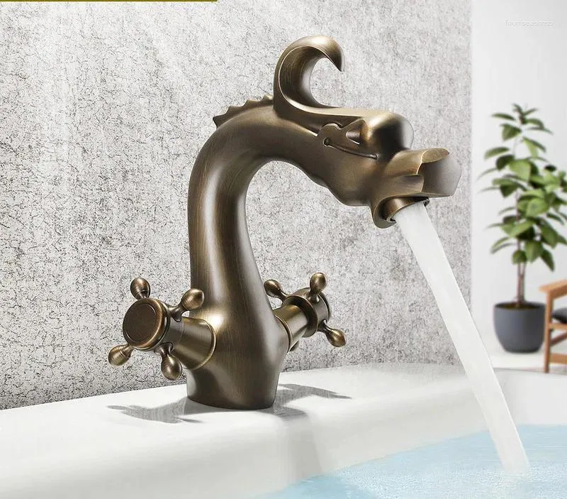 Bathroom Sink Faucets Vintage Full Copper Dragon Carved Spout Brushed Finish Basin Mixer With Dual Handles For And Cold Water Brass Faucet