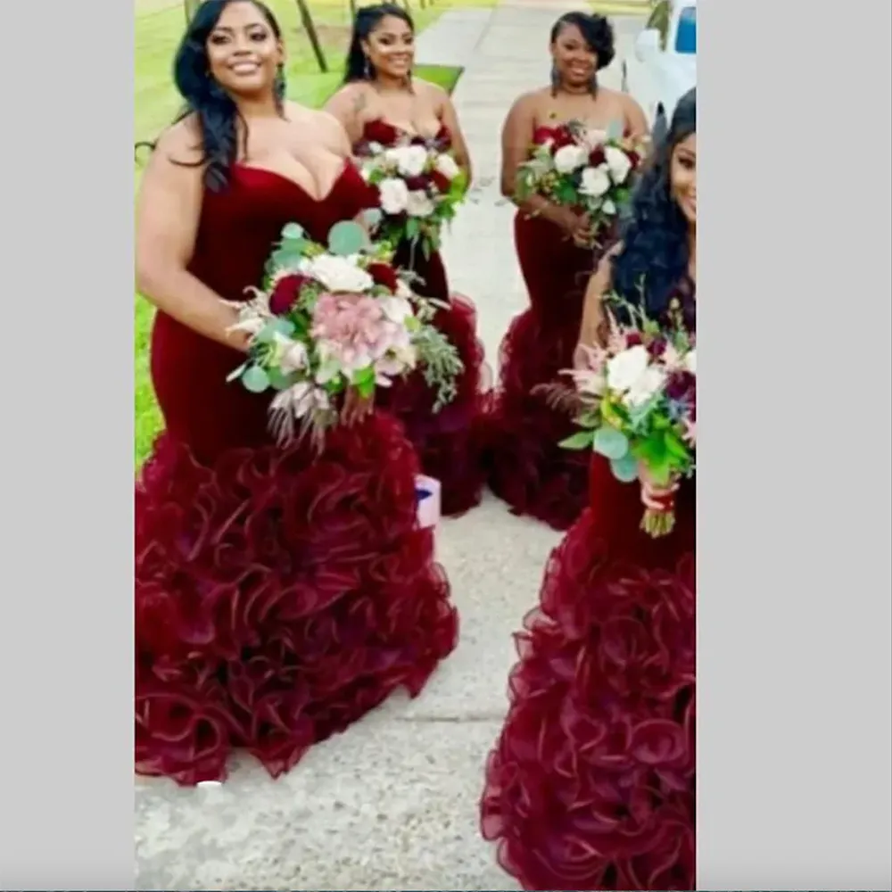 velvet bridesmaid dresses burgundy Sylvaine Elegant A-Line Square Long Sleeves Floor Length Velvet Bridesmaid Dresses, Burgundy main image 1