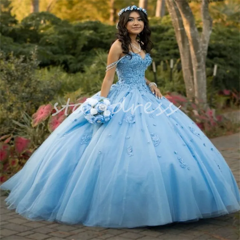 Princess Blue Quinceanera Dresses With Appliques Lace Ball Gown Classy Vestidos De 15 Quinceanera Xv Anos Corset Birthday Party Sweet 16 Prom Dresses Savistidos