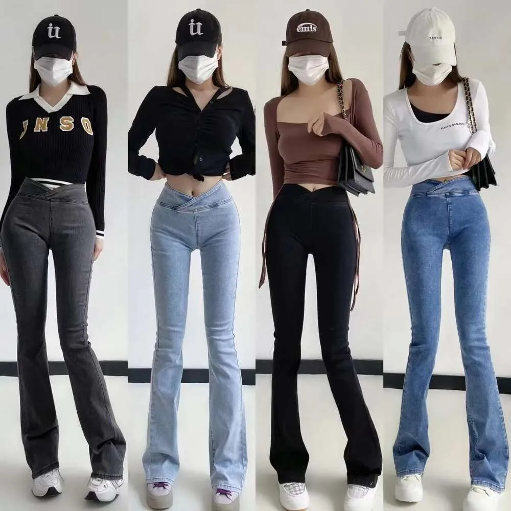 Designer Femmes Jeans Marque Vêtements Mode Cargo Jean Haute Pantalon Élastique Taille Fit Slim Hip Sexy Flare Pantalon pour Femmes Précédemment