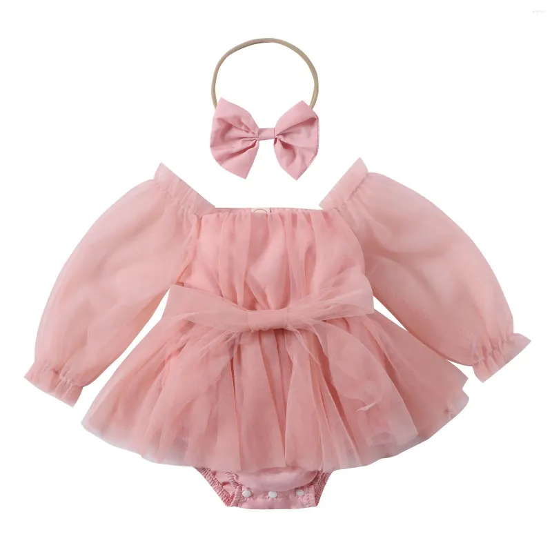 Mädchen Kleider Kleinkind Baby Mädchen Geburtstag Party Prinzessin Kleid Strampler Langarm Mesh Tutu Trikot mit Schleife Stirnband für Hochzeit