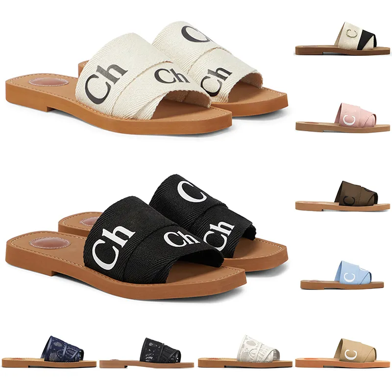 Designer Woody Sandals Women Mules Flat Slides Light Tan Beige White Black Pink Lace Lettering Tyg Canvas Slippers Womens Girls Summer Beach Outdoor Shoes