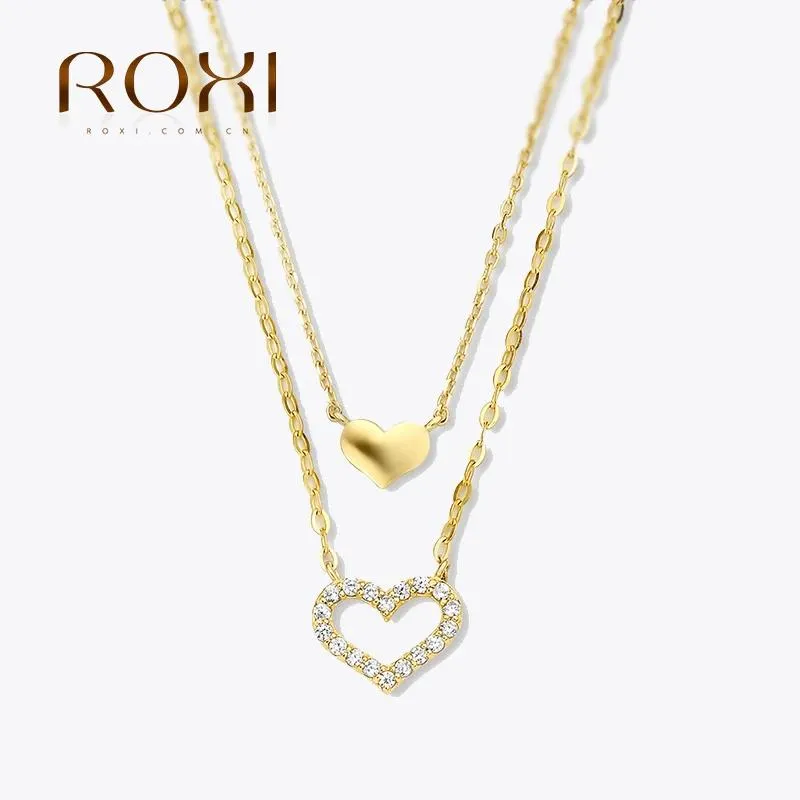 Pendentifs ROXI saint valentin amour pendentif collier 925 en argent Sterling empilé Double couche forme de coeur brillant dames clavicule collier