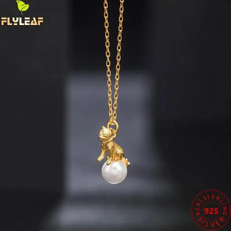 Necklaces Real 925 Sterling Silver Shell Pearl Cat Pendant Necklace Women Luxury 18k Gold Plating 2022 New Arrival Female Fine Jewelry