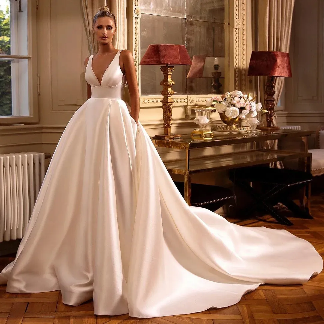 v neck wedding dress satin A Line Sexy V Neck Simple Satin Wedding Dress with Slit QW2530 US16 / White