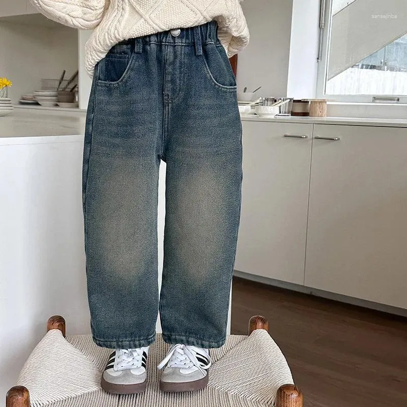 Trousers Children Clothing Kids Denim Pants Cashmere Straight Leg For Boys And Girls Korean Style Casual Vintage Jeans