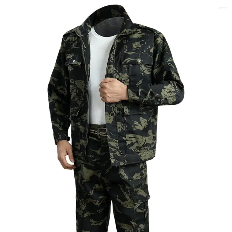 Fatos masculinos homens uniforme resistente à sujeira turndown colarinho botão manguito umidade-wicking lapela trabalho macacão calças jaqueta