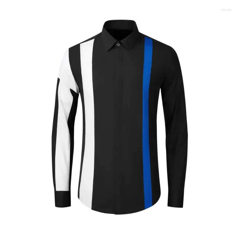 Casual overhemden voor heren, herfst, slank blauw, wit, contrasterend stiksel, modieus persoonlijkheidsshirt met lange mouwen, katoen, maat M-4XL
