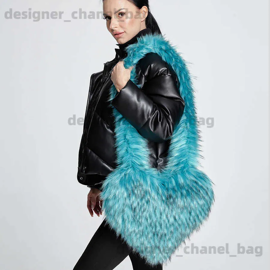 Torby na ramię moda miłość serce faux fur crossbody dla kobiet luksusowe miękkie pluszowe torby na ramię y2k lady torebki puszyste duże 2023 T240123