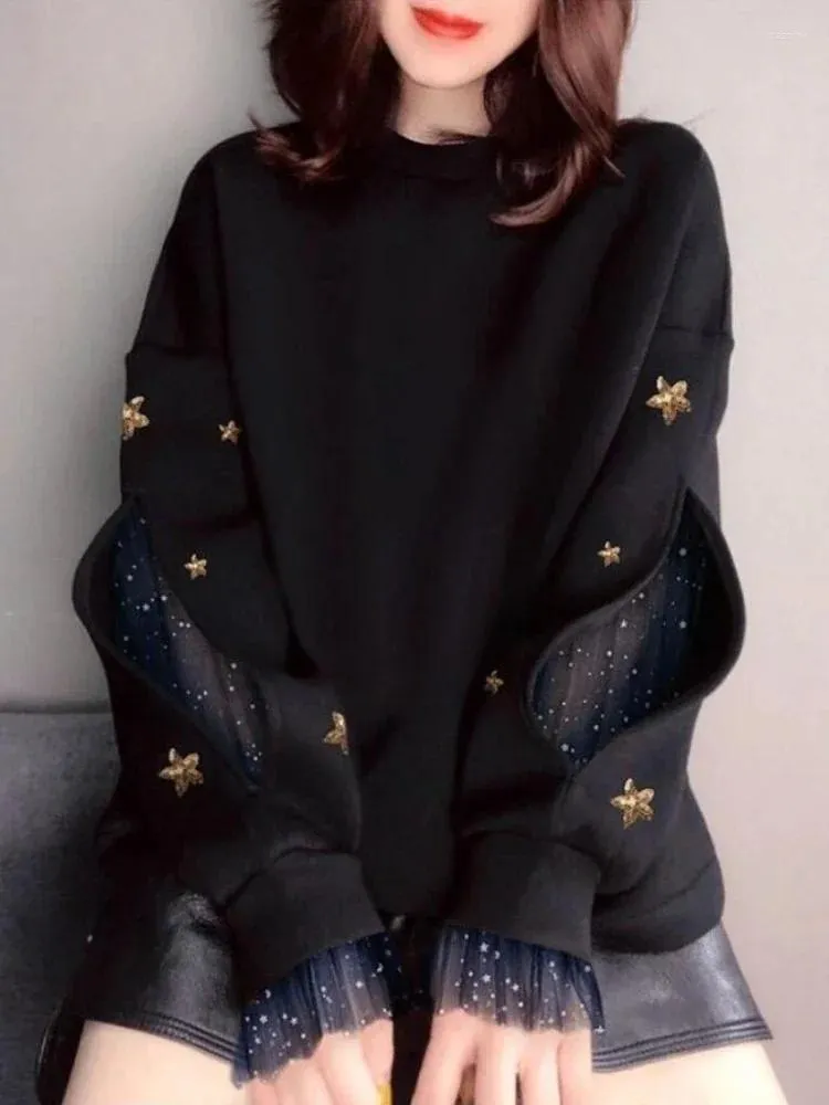 Kvinnors hoodies svarta kvinnliga kläder runda hals skarv paljetter toppar tröjor grafiska tröjor för kvinnor varma 90 -talets vintage matchande emo