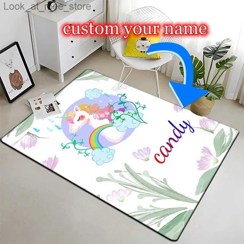 Tapis Licorne Nom Personnalisé Dessin Animé Peinture Tapis pour Salon Grande Surface Tapis Noir Doux Décoration de La Maison Fils Fille Cadeau d'anniversaire Q240123