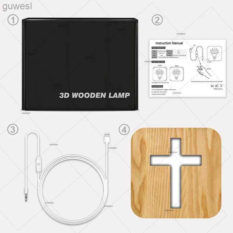 デスクランプ3D LEDランプナイトライトUSBデスクテーブルランプキリスト教十字架のギフト用ホームデコレーション木製クロスYQ240124