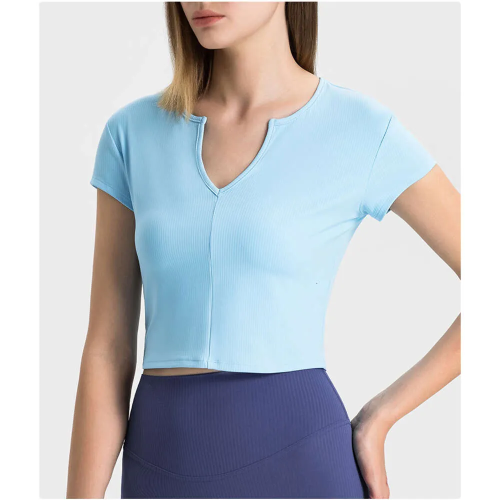 Lu Align Lemon Yoga Femmes Femmes Gym Sport T-Shirts Vêtements Vêtements De Sport En Plein Air À Manches Courtes Tissu Côtelé Col En V Pulovers Taille Mince Top LL Lu Jogger