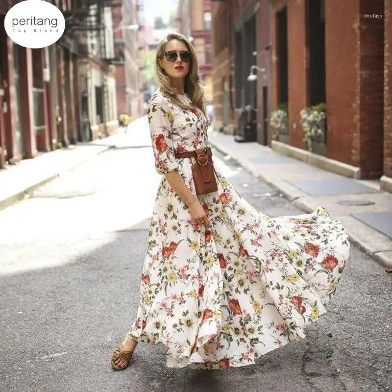 Sukienki imprezowe Summer Boho Floral Long Dress Women okrągła szyja dziewięciopunktowy rękaw seksowna moda weekend plaż