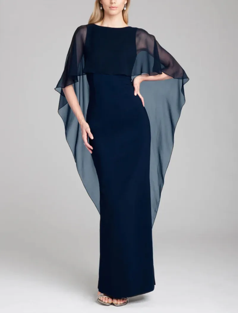 Elegante abito lungo in chiffon blu navy con collo gioiello per la madre della sposa, sirena blu reale, aperto sul retro, lunghezza fino al pavimento, abito per la mamma dello sposo, abito da madrina per le donne