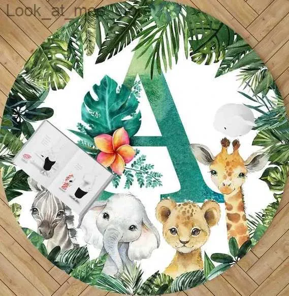 Carpet Custom Alphabet Round Rug Tropical Jungle Nursery Mat Baby Safari Animals Carpet Baby Room Decor Baby Shower Gift Q240123