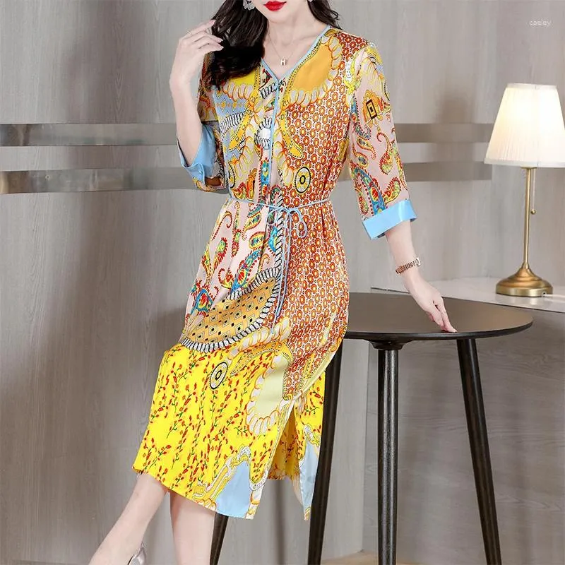 Casual Dresses Spring Summer Vintage Print Mulberry Silk Midi Dress Women 2024 Boho Chiffon Plus Size Size Elegant BodyCon Party Vestidos