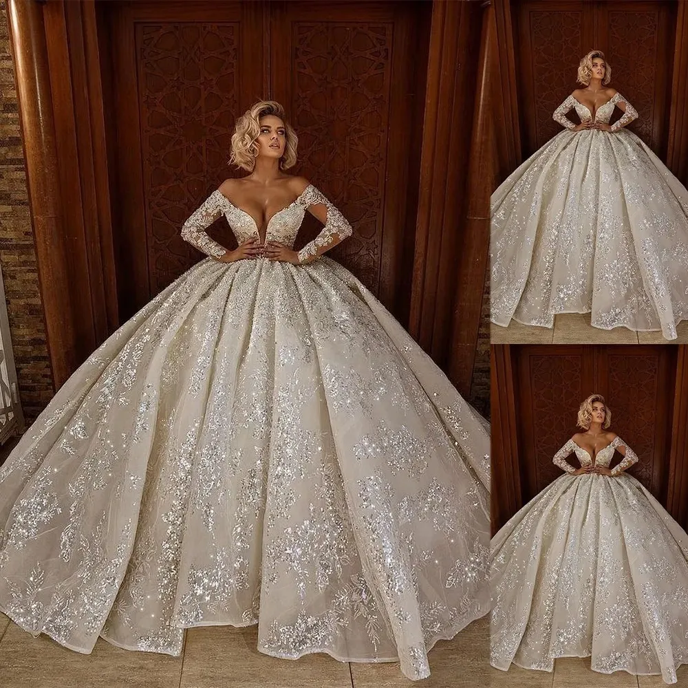 Stunningbride 2024 Saudi Arabia Princess Ball Gown Wedding Dress Off Shoulder Long Sleeve Luxury Lace Appliques Crystal Bridal Gowns