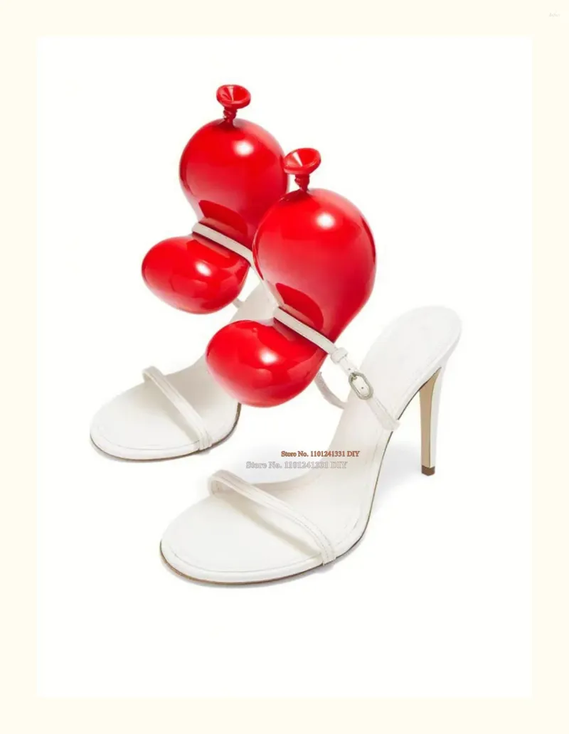 Women's Stiletto High Heel Sandals Elegant Leather Party Dress Shoes,  White Red Balloon Design, Comfortable Thin Heeled Summer Style