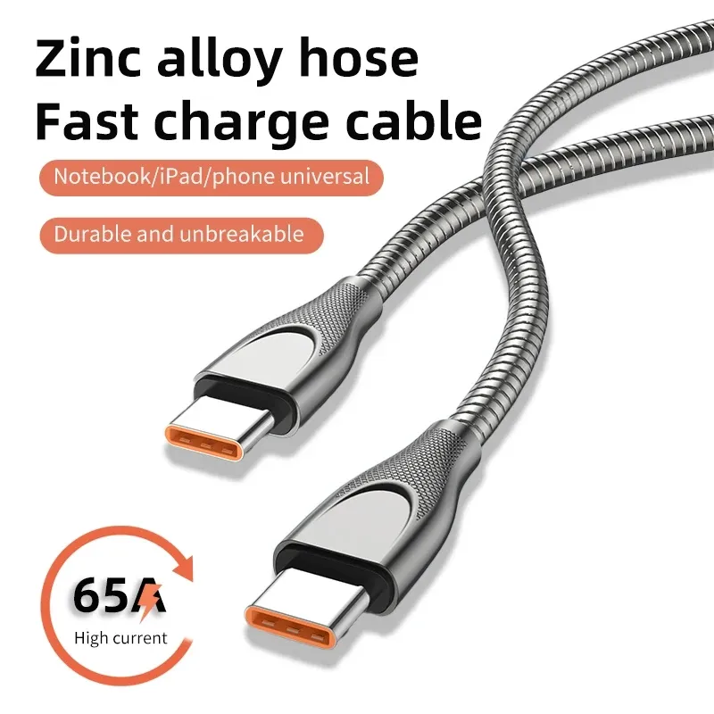 2M 65W 5A Snabb laddning av USB C till USB C-kabel Snabb laddare Metallflätad typ-C-dataöverföringskabel för Samsung Xiaomi Huawei Charger Wire-sladd