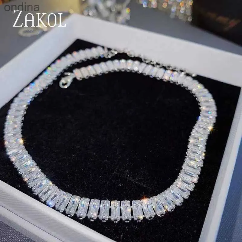 Pendentif colliers ZAKOL mode coréenne Rectangle Zircon colliers ras du cou pour les femmes de luxe clair géométrique CZ Sexy Banquet fête bijoux YQ240124