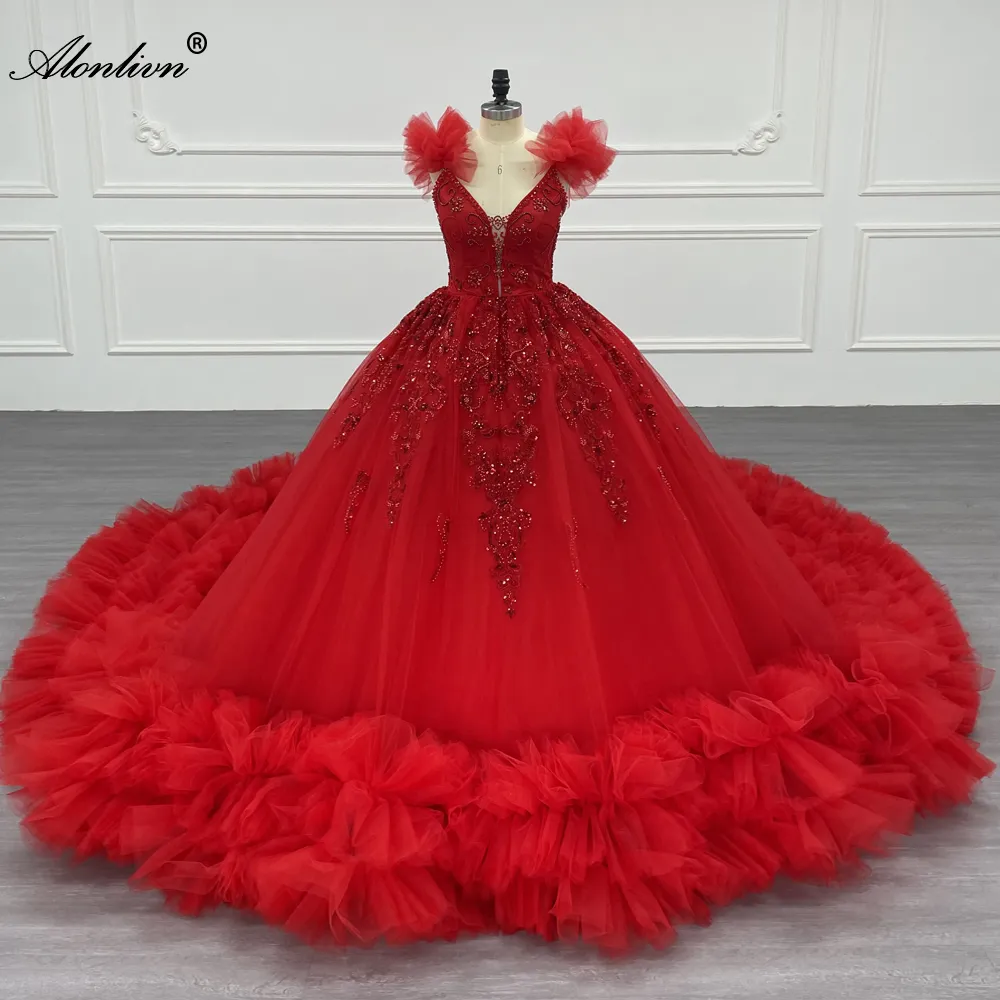 Alonlivn Elegant Colorful Layered Ruffles Beaded Sequined Pearls Appliques Bridal Gown V-Neck Ball Gown Bridal Dresses