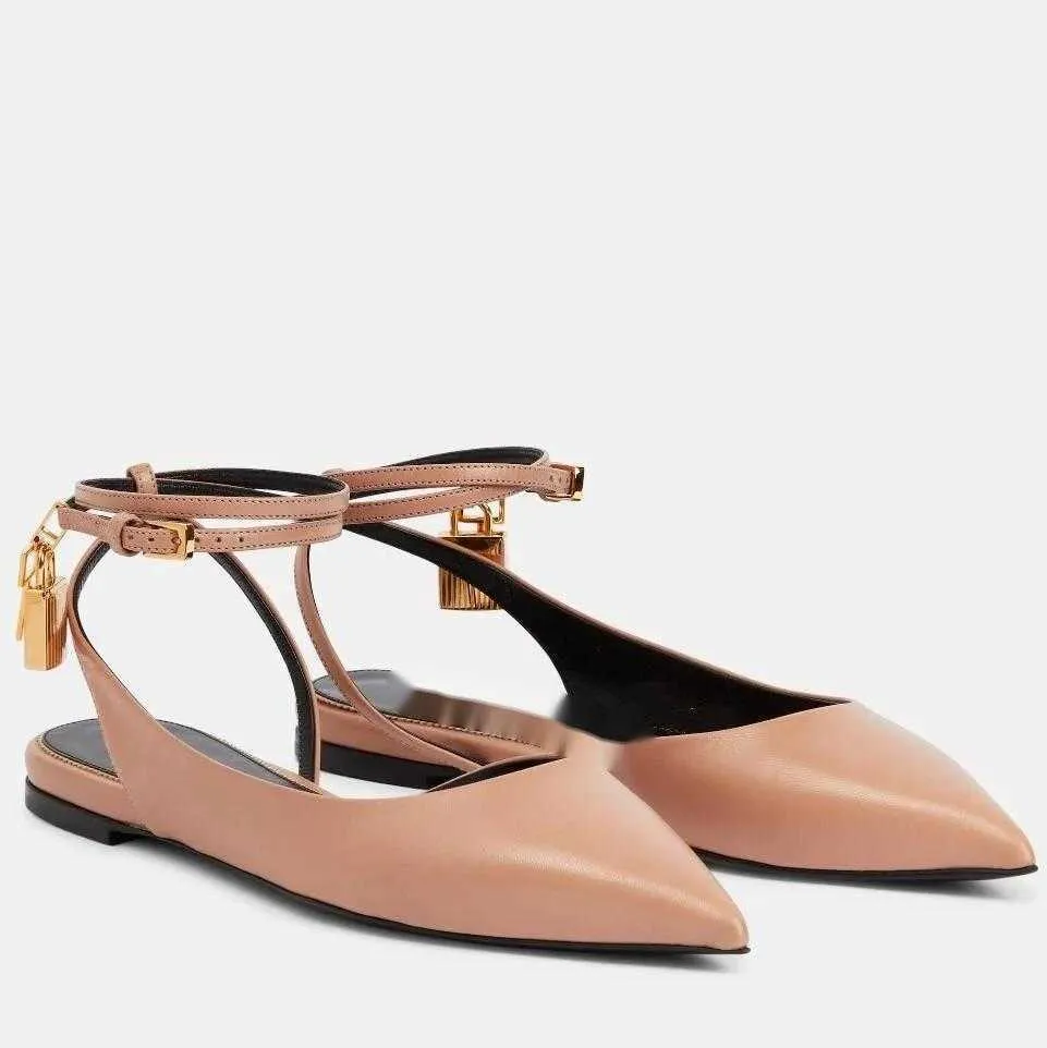 Zomer Luxe Vrouwen Hangslot Lederen Sandalen Schoenen Sleutel Naakt Zwart Goud Lederen Ballet Flats Gemakkelijk Dragen Dame Feestjurk Wandelen EU35-43