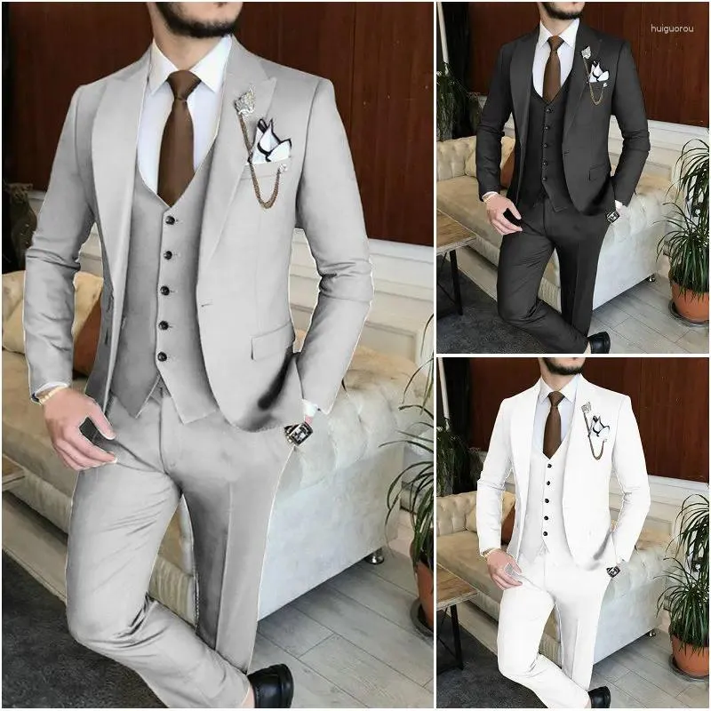 Herrdräkter avslappnade ljusgrå män passar kostym formell smal passform brudgum tuxedo 3 stycken bröllop affärsuppsättningar terno masculino