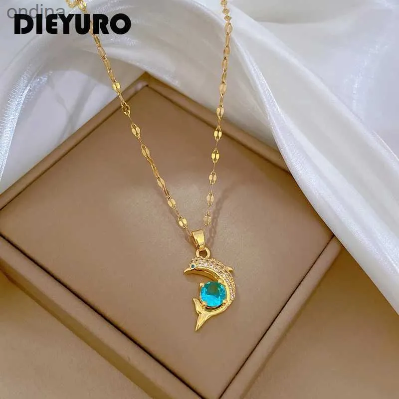 Collane con ciondolo DIEYURO Acciaio inossidabile 316L Collana con pendente delfino zircone blu per le donne Nuove ragazze di lusso Accessori per gioielli con catena clavicola YQ240124