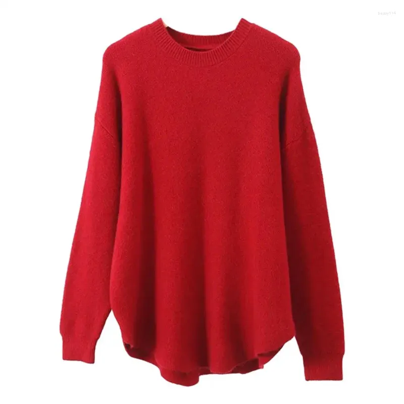 Suéter feminino outono inverno feminino suéter redondo pescoço solto manga comprida bainha irregular cor sólida pulôver grosso elástico top