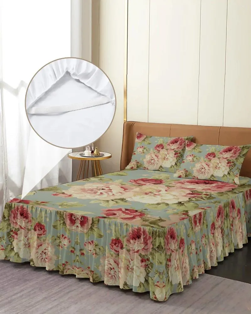 Jupe de lit fleur de pivoine, couvre-lit ajusté élastique Vintage avec taies d'oreiller, housse de matelas, ensemble de literie, drap