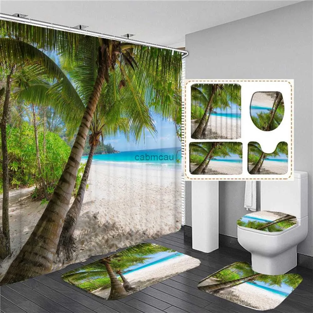 Shower Curtains Beach Seaside Scenery Print Shower Curtain Ocean 3D Bathroom Curtains Flannel Anti-slip Carpet Toilet Lid Cover Bath Mats Rugs