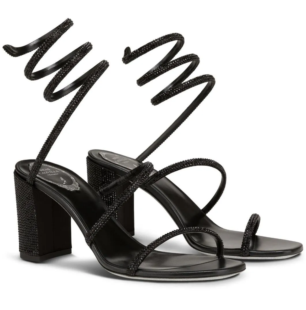 Zomer Luxe Dames Rene Caovilla Cleo Sandalen Schoenen Dames Kristal Dikke Hakken Slang Strappy Feestjurk Bruiloft Dame Hoge Hakken EU35-43, Met Doos