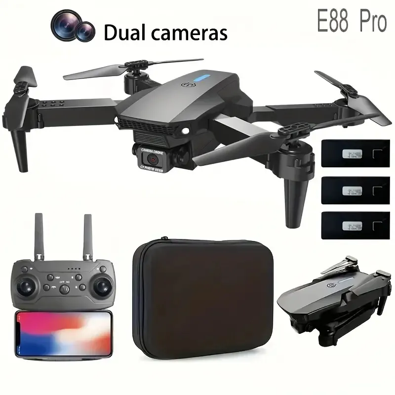 E88 Drone Retorno com um clique Conexão WIFI Drone aéreo Estabilização de fluxo óptico Quatro rotores interno e externo Suporte externo para download de fotos.