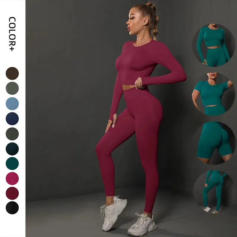 Set da yoga senza cuciture per donna manica corta a vita alta legging lungo fitness calzamaglia da corsa pantaloncini abbigliamento da allenamento tute da palestra 240122