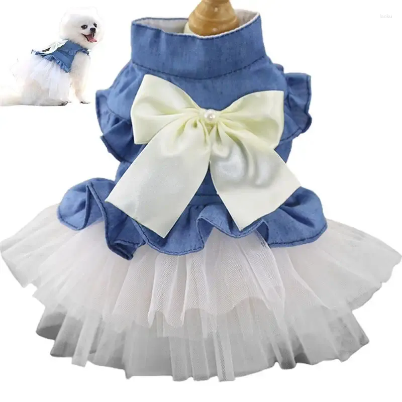 Köpek giyim bowknot elbise denim örgü yavru prenses evcil kıyafetler kedi partisi kostüm yavrusu dantel çiçek yelek sundress
