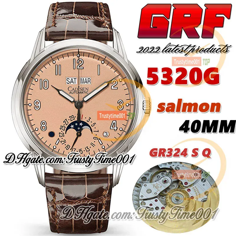 Relógio automático masculino Super Edition GRF com fase da lua, calendário perpétuo e mostrador salmão, caixa de aço inoxidável de 40 mm e pulseira de couro para