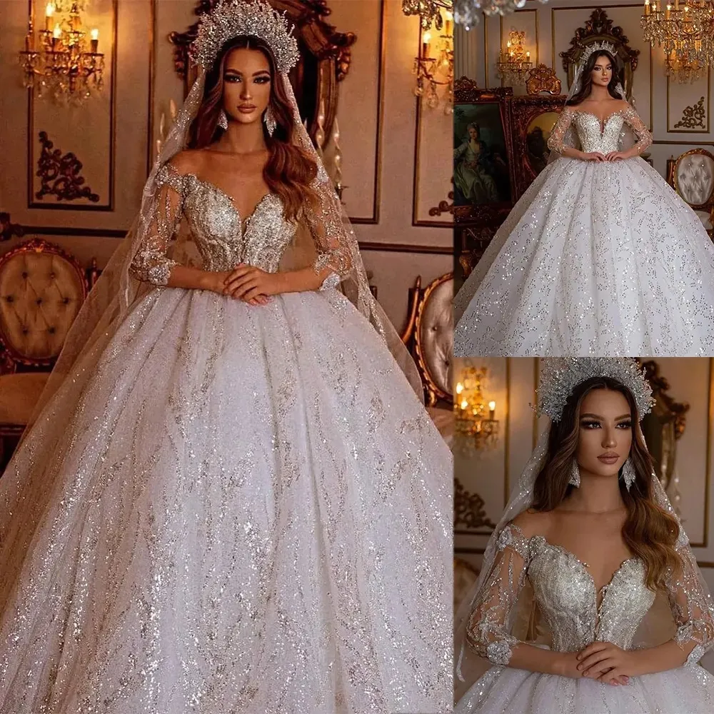 Stuntbride 2024 Arabie Saoudite Princesse Robe De Bal Robe De Mariée Sheer Hors Épaule Manches Longues Luxe Dentelle Paillettes Appliques Robes De Mariée Robes De Mariée En Cristal