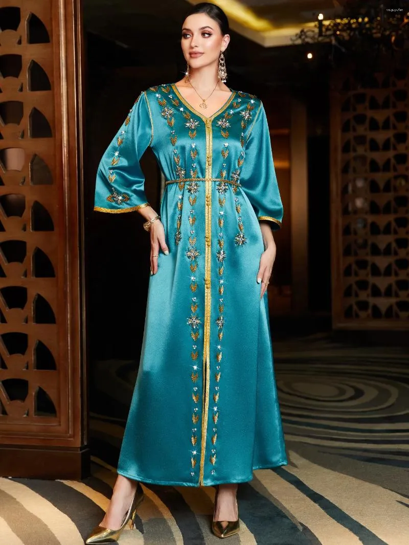 Ethnische Kleidung Reine Handarbeit Strass Perlen Türkische Abayas Chic Volle Ärmel V-ausschnitt Gürtel Abendkleider Frau Elegant
