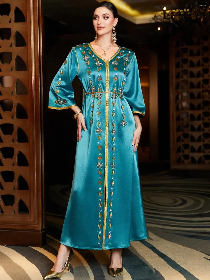 Ethnic Clothing Pure Handwork Rhinestone Beading Turkish Abayas Chic Full Sleeve V-Neck Belted Evening Dresses Woman Elegant