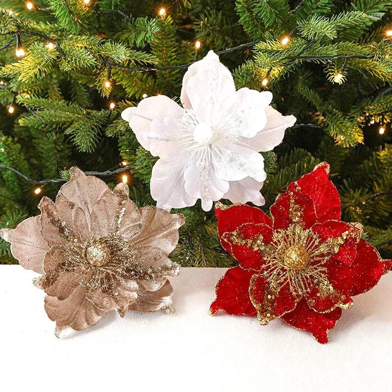 Dekorativa blommor 1 st jul glitter konstgjord blomma Xmas trädprydnader diy kransar hem bröllop år festdekorationer gåva