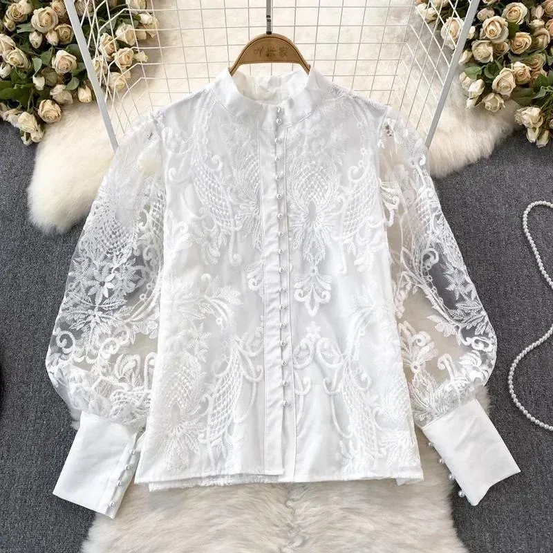 Blouses Femmes Brodé Mesh Femmes Dentelle Chemise Élégante Lanterne À Manches Longues Blouse Vintage Lâche Voir À Travers Sexy Lady Tops 29918