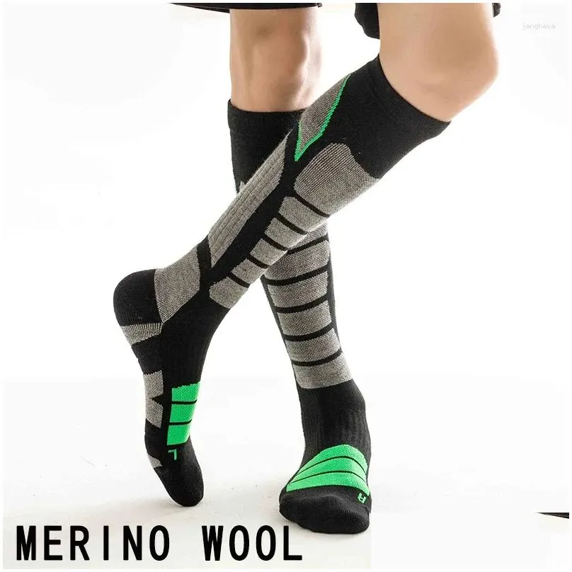 sports socks 2-pack merino wool ski men keep warm thick knee high for outdoor camping hiking snowboarding