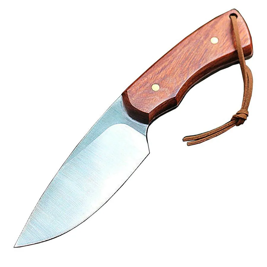 MM6691 Survival Straight Knife 7Cr13Mov Satin Drop Point Blade Full Tang Rosewood Handle Fixed Blade Knives Leather Sheath