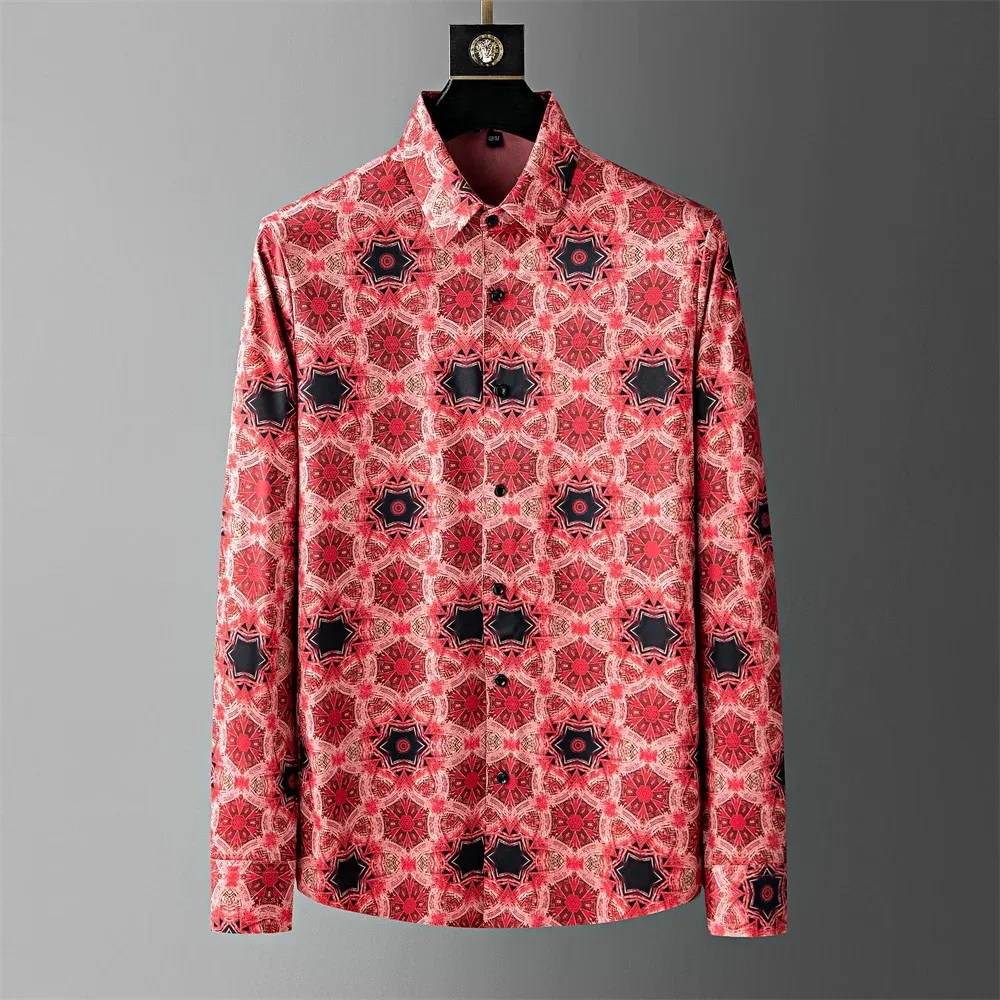 2024年春の印刷されたシャツの男性スカーレスエラスティックカジュアルシャツ長袖スリムなビジネスフォーマルドレスシャツパーティータキシードブラウス