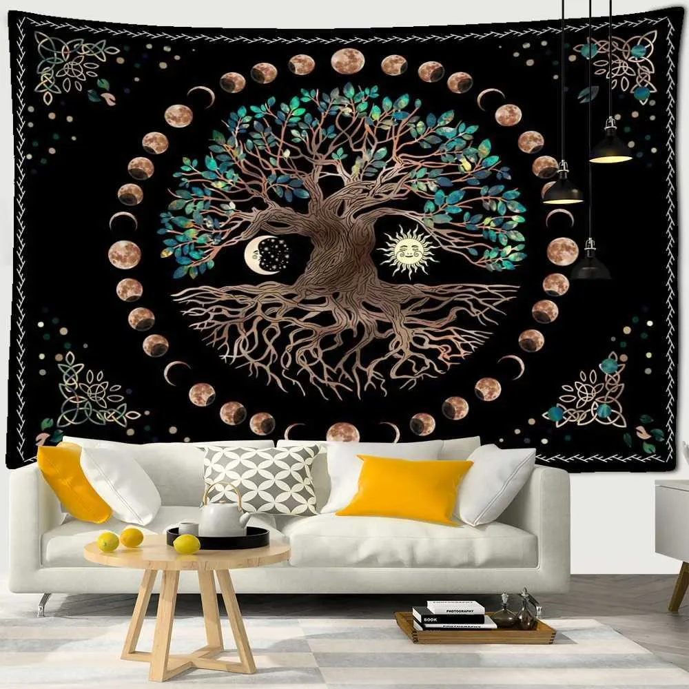 Tapisseries Tree of Life Tapestry Sun and Moon Tapestrys Tarot Divination Wall Hanging Boho Eesthetic Room Decor Spiritual Yoga Filtar L2401