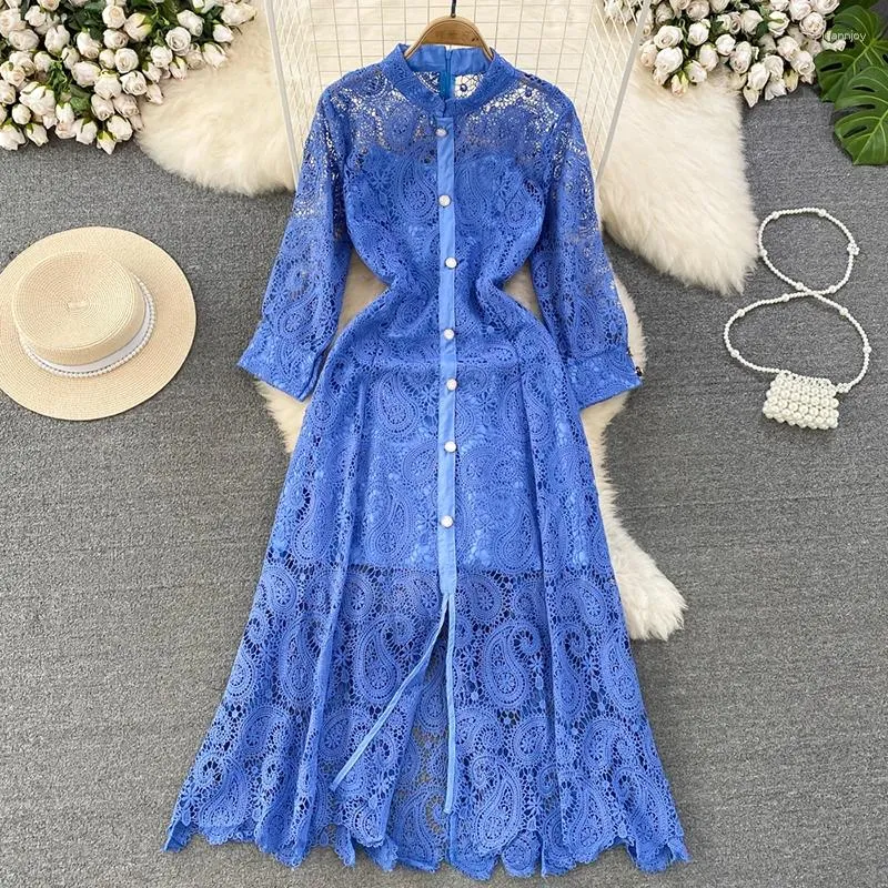 chinese dress ladies Steel Blue Lace And Beading V-Neck Long Dress With Lace Up Back