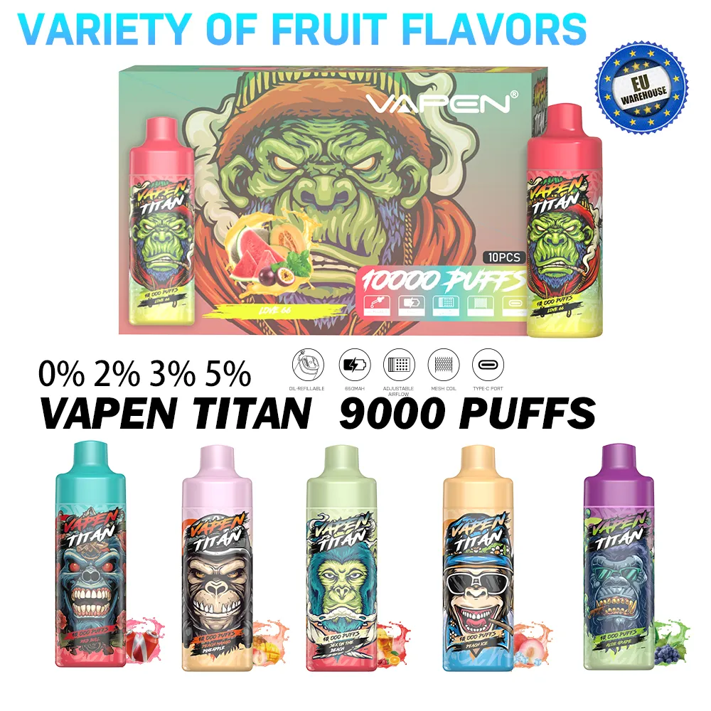 EU-Lagerschiff VAPEN TITAN Einweg-Vape 10000 Puffs E-Zigaretten 20 ml Nachfüllbar 0% 2% 5% Puff Razz Bar Tornado-Geschmack 9K 10K 12K 15K Großhandel i Wape Cigs Vapes